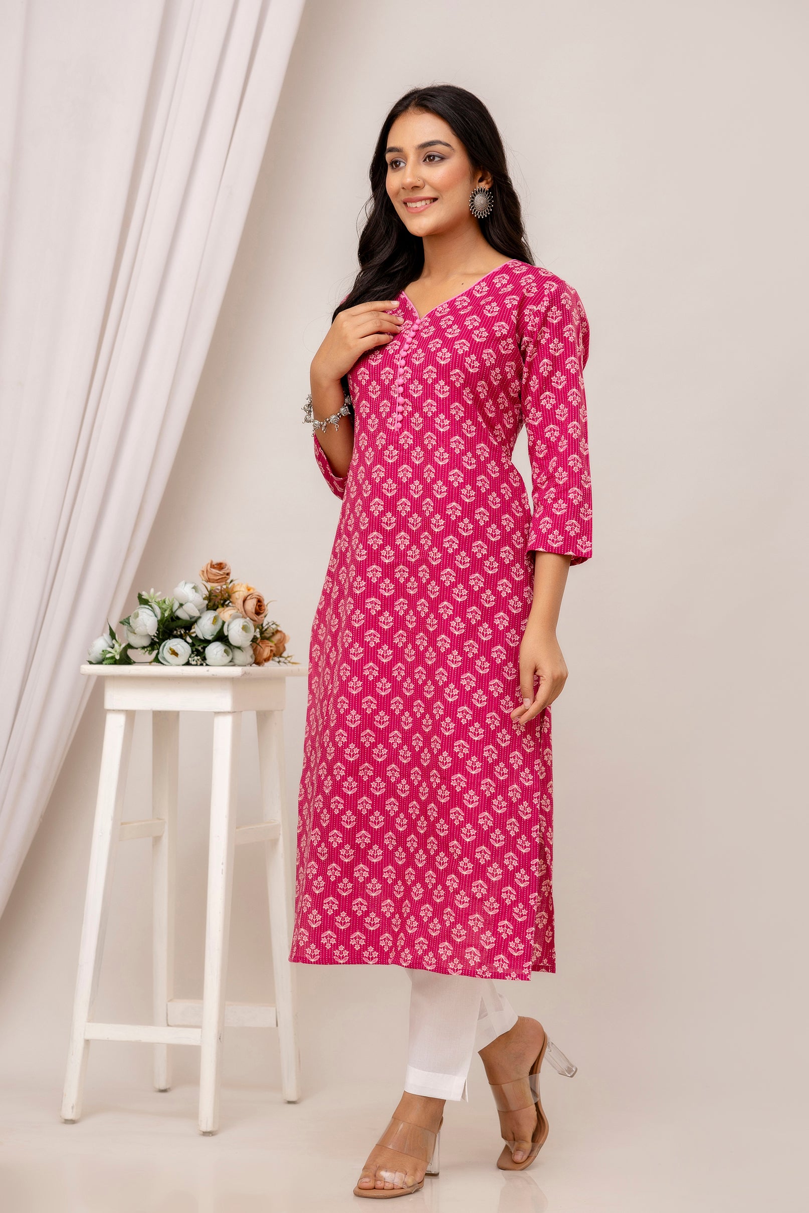 Cora - Pink Cotton Katha Printed Everyday Kurta