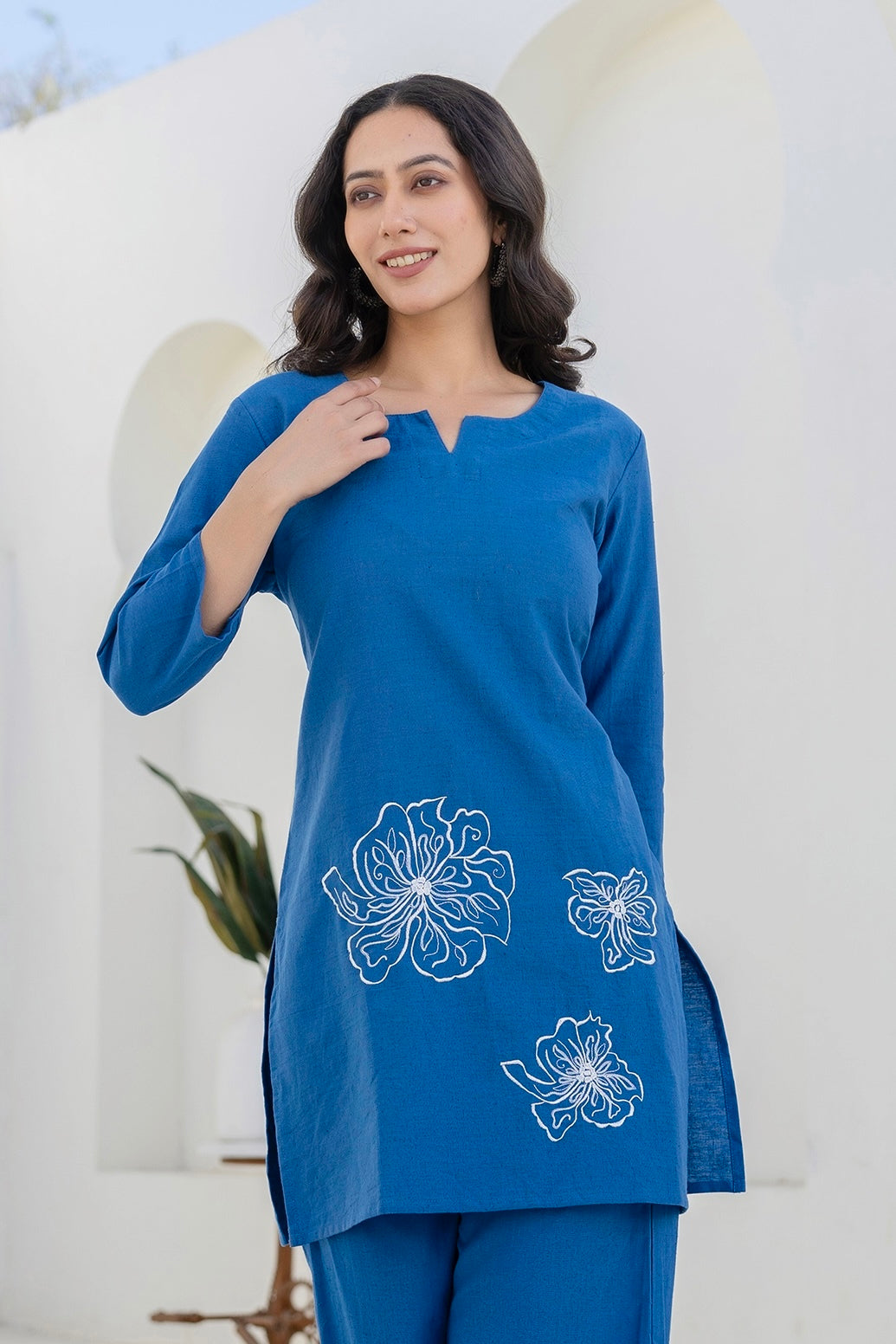 Lyra - Blue Cotton Flex Solid Embroidered Coord Set