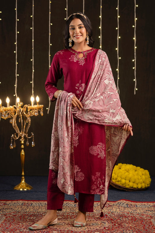 Vaani - Maroon Printed Festive Silk Kurta Set with Dupatta