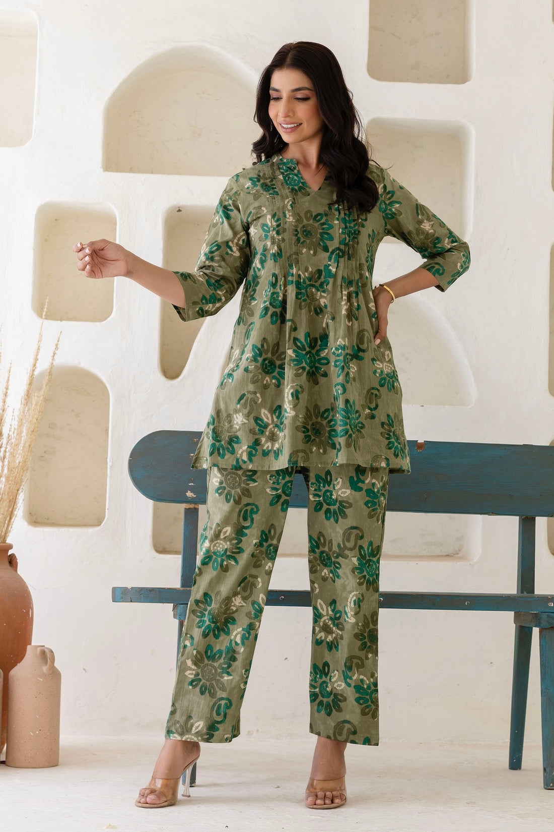 Safina - Green Pintucks Details Kurti with Wide Pants Coord Set