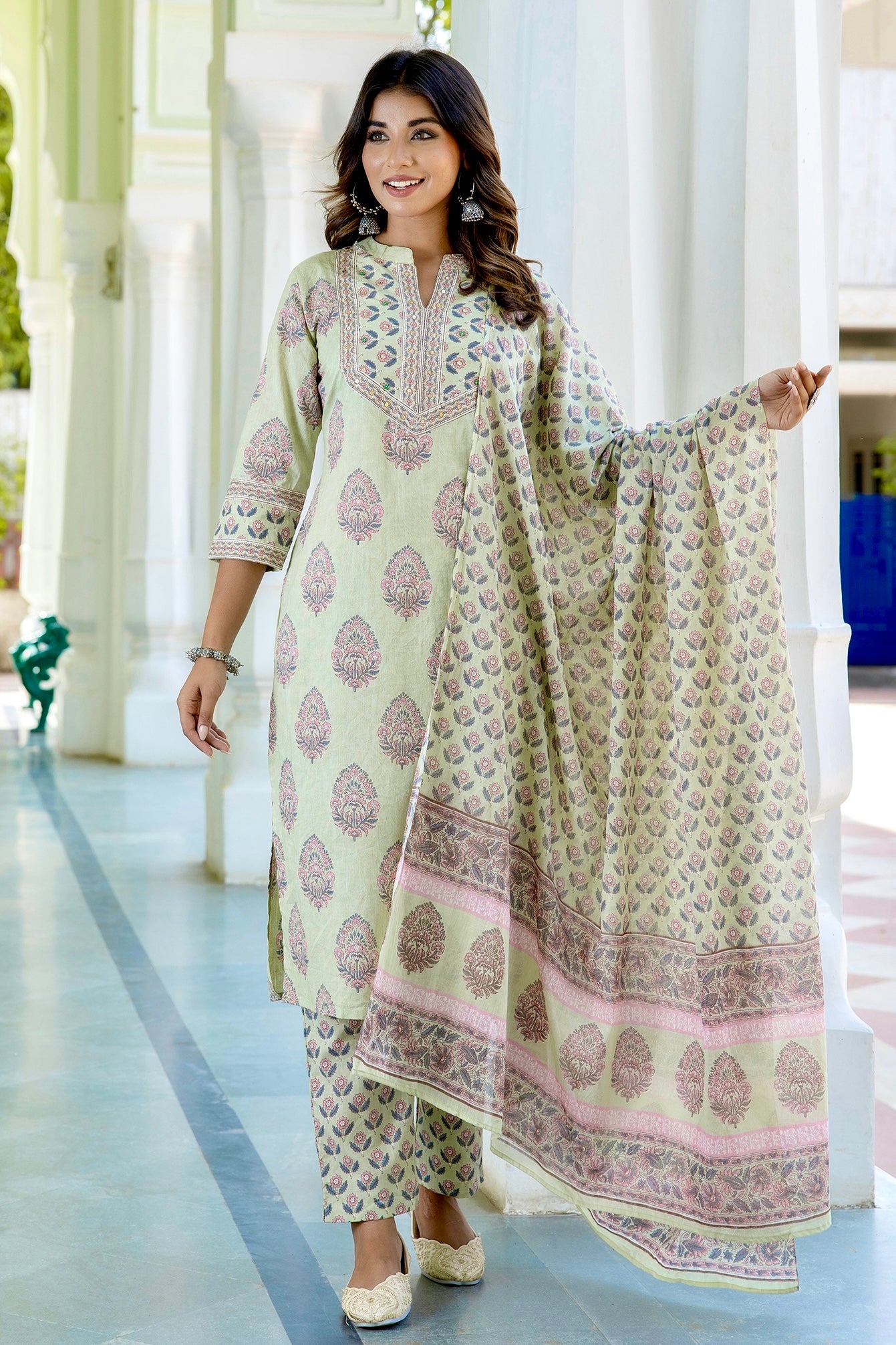 Cordelia - Green Motif Printed Yoke Design Cotton Kurta Set with Dupatta