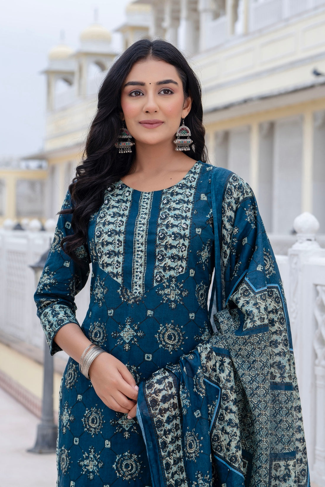 VEDA - Deep Blue Yoke Design Kurta Set with Trouser and Dupatta