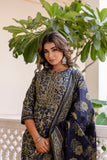 DIVYA - Green and Blue Printed Cotton Kurta Set with Trouser and Dupatta