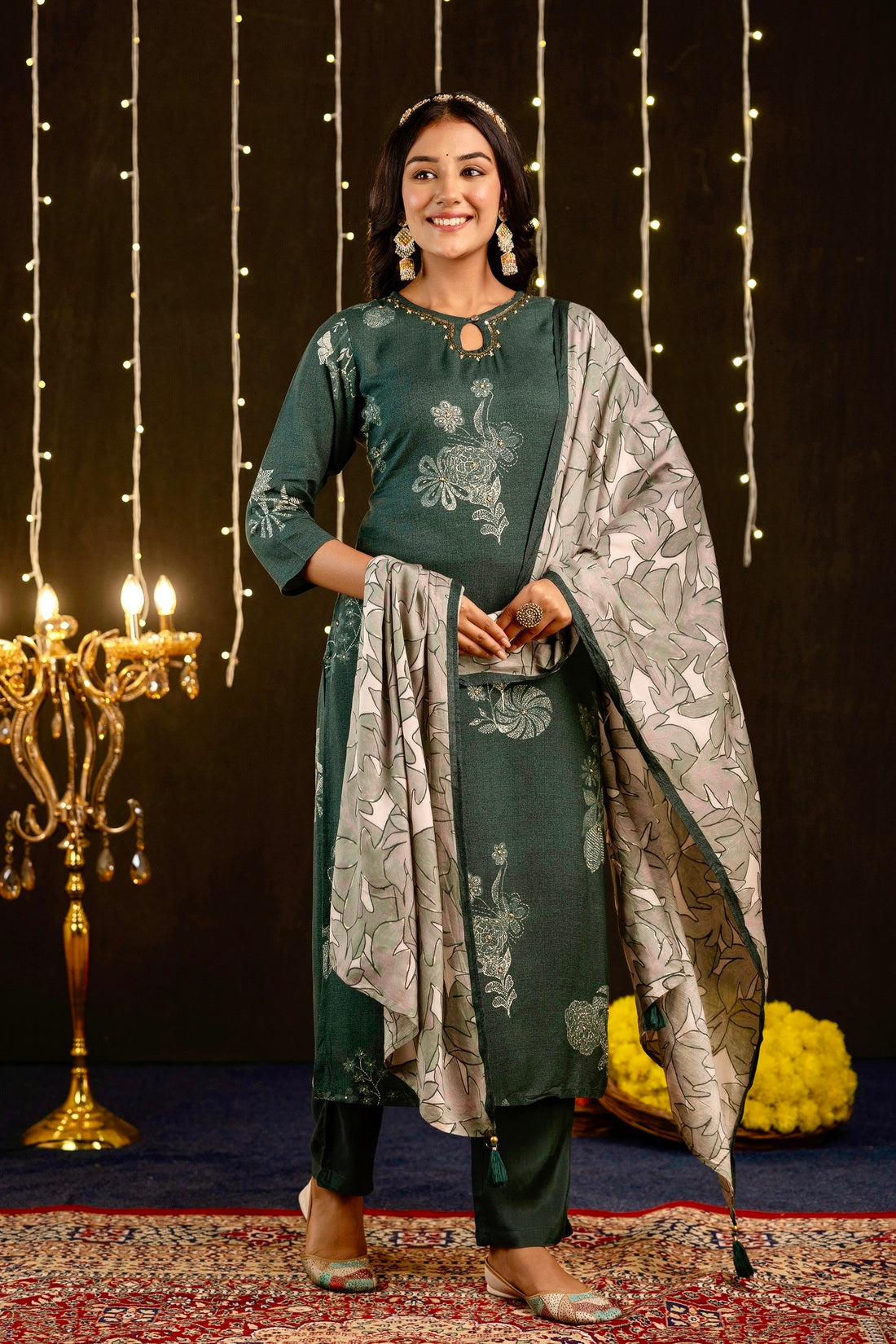 Adhira - Green Printed Festive Silk Kurta Set with Dupatta