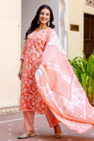 Ishanya - Peach Neck Highlights Printed Cotton Kurta Set with Dupatta