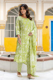 Pihu - Green Yoke Design Printed Cotton Kurta Set with Dupatta