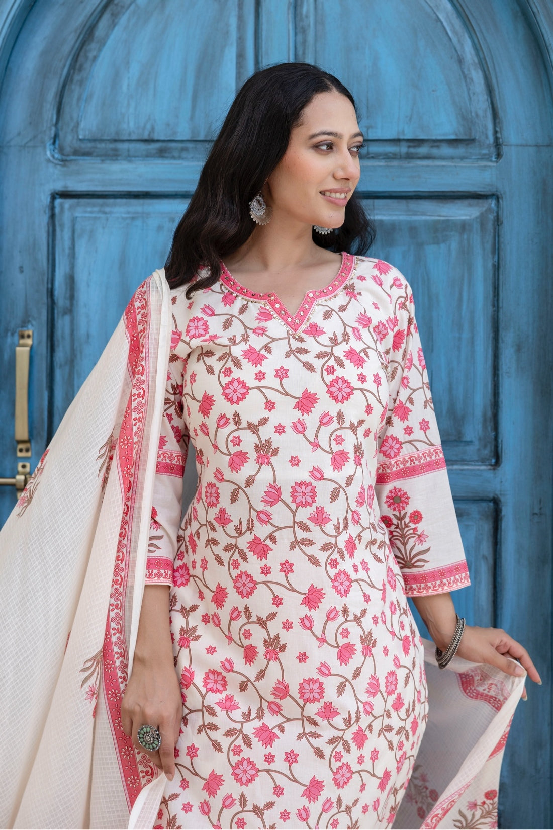 Off White and Pink Cotton Lined Kurta Set with Trousers and Dupatta