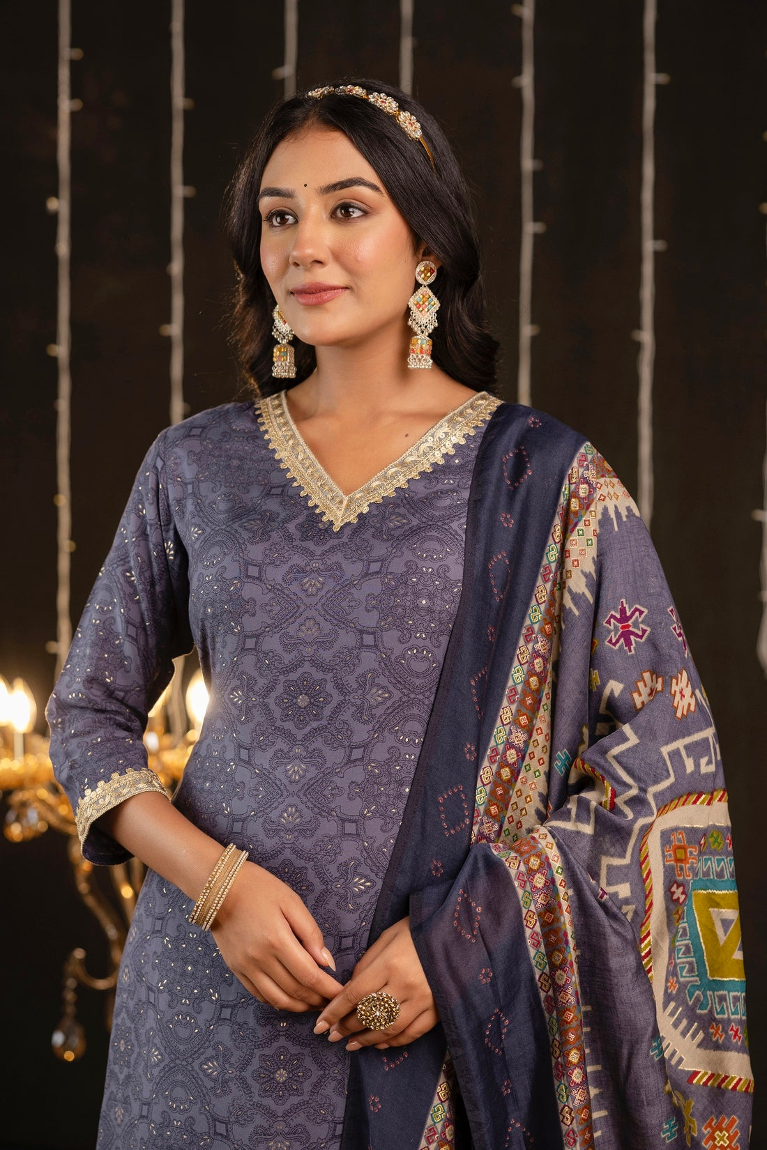 Janvi - Blue Printed Festive Silk Kurta Set with Dupatta