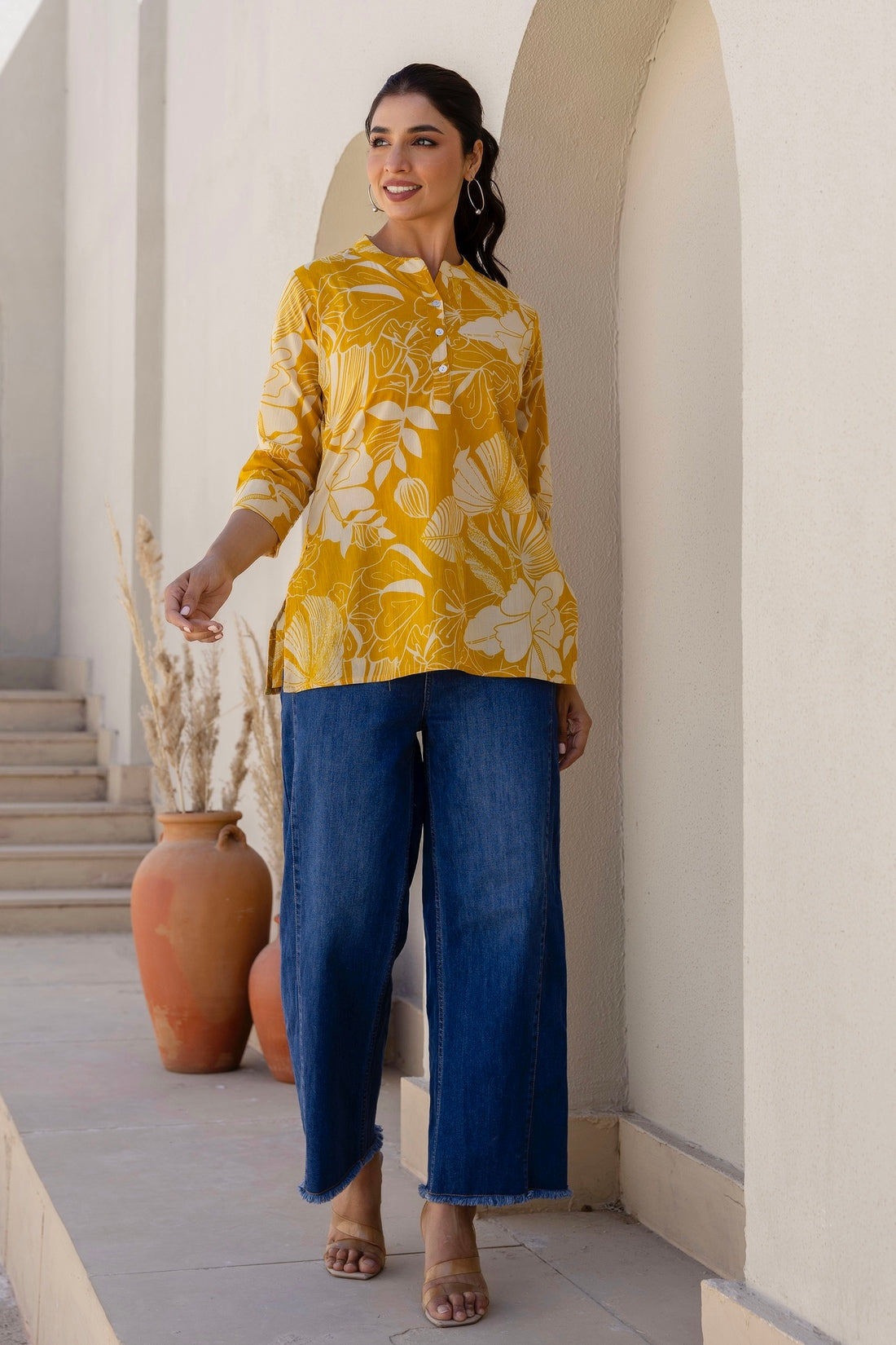 Vesper - Yellow Tropical Print Cotton Short Kurti