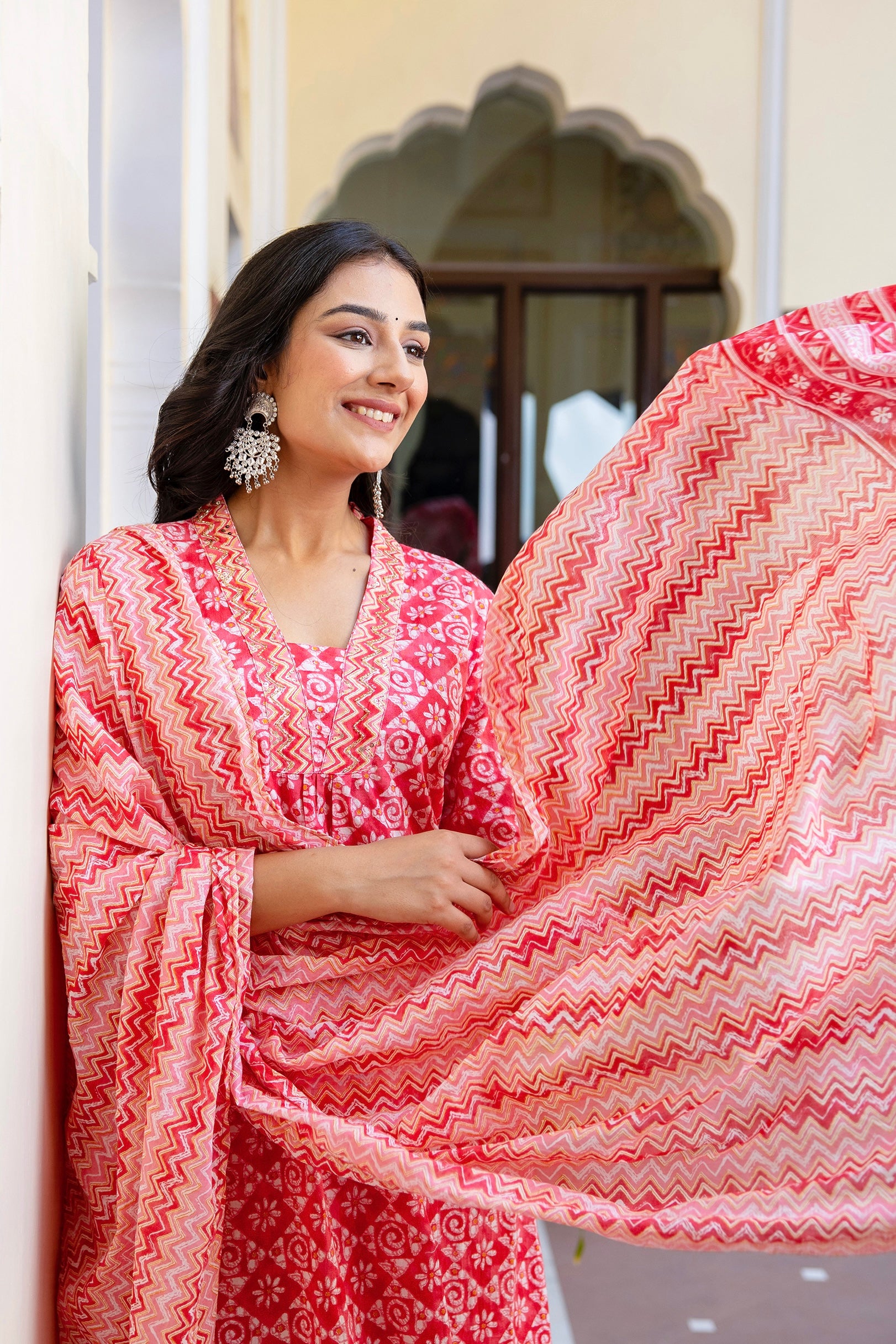 Sejal - Pink Ethnic Printed Front Pleated A-line Cotton Kurta Set with Dupatta