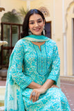 Alina - Sea Green Floral Printed Cotton Kurta Set with Dupatta