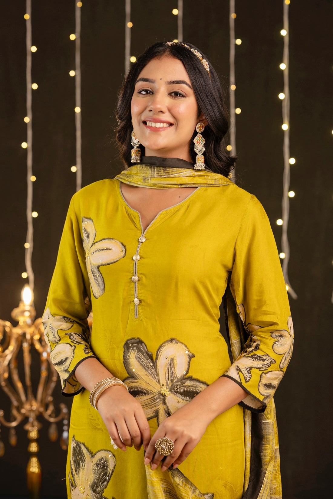 Vaibhavi - Yellow Floral Printed Festive Silk Kurta Set with Dupatta