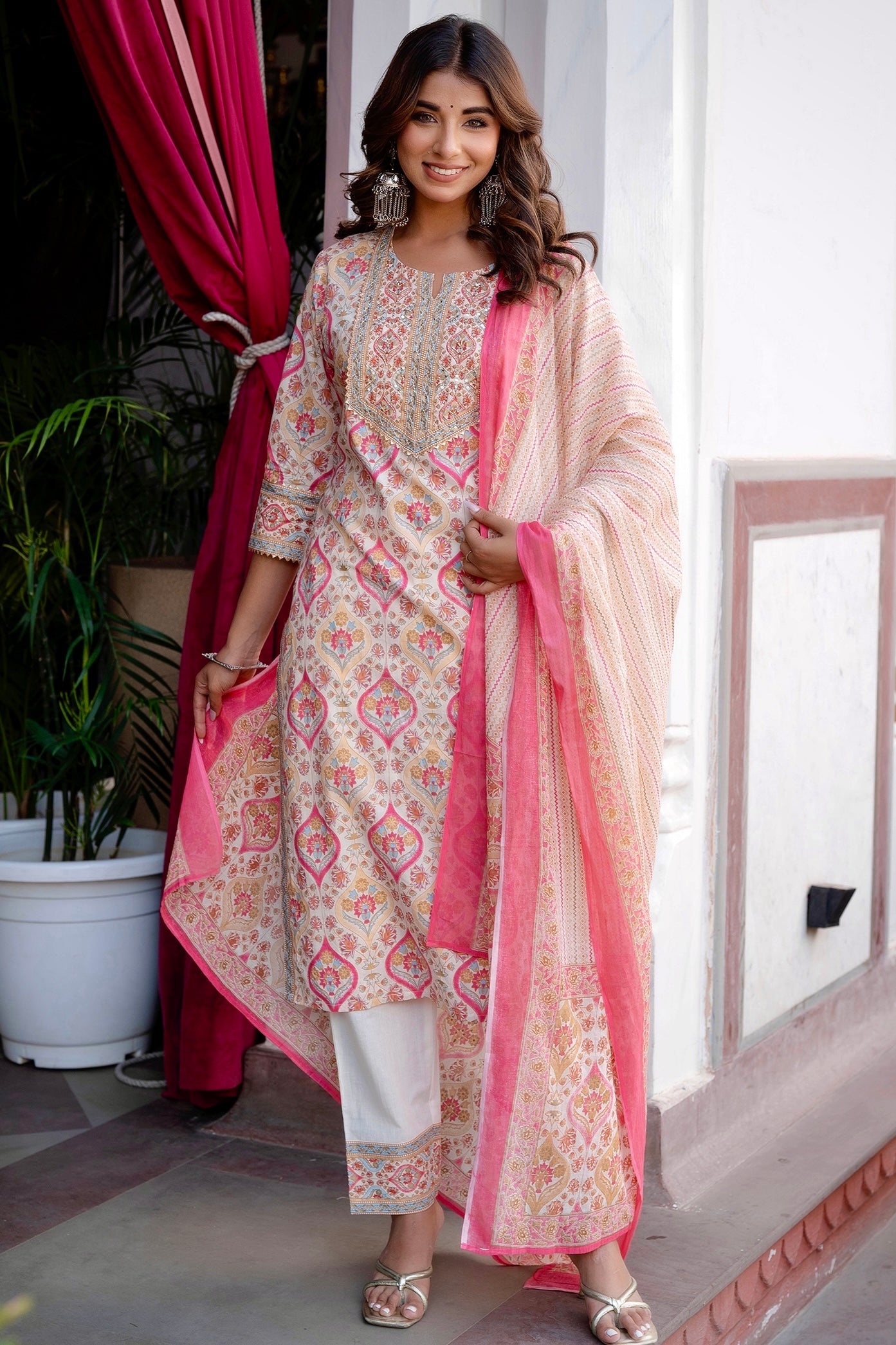 Gauravi - Cream and Pink Festive Wear Cotton Kurta Set with Dupatta