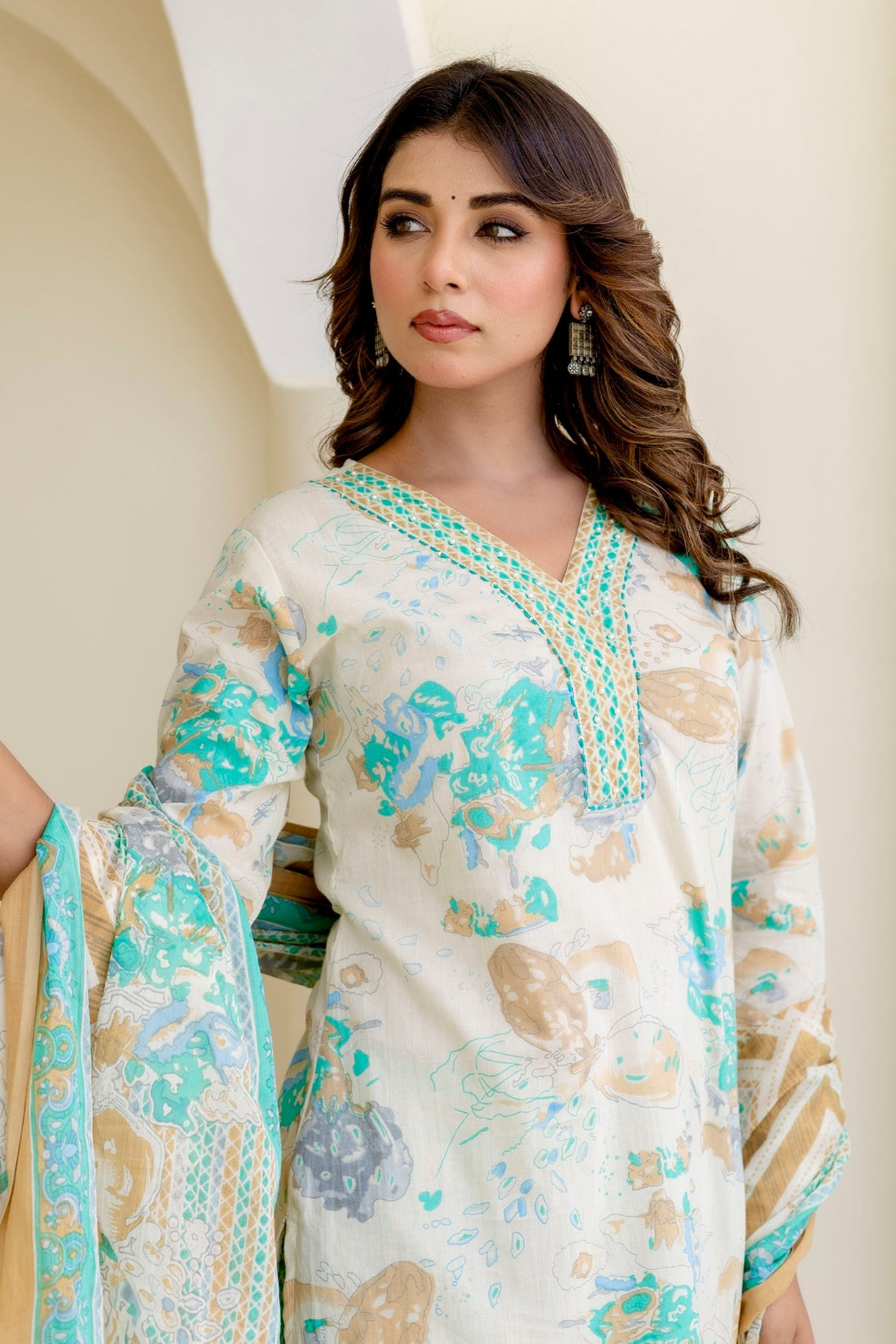 Green Abstract Print Cotton Kurta Set with Trousers and Dupatta