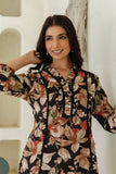 Sarina - Brown Floral Printed Lace Detail Kurti with Wide Pants Coord Set