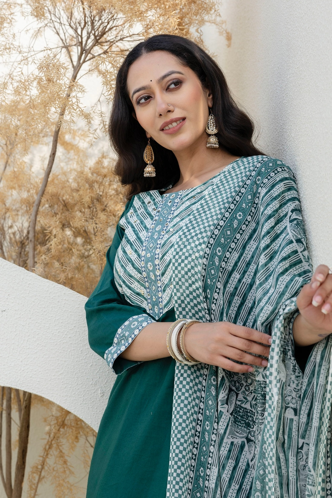 Bottle Green Solid Yoke Design Kurta Set with Trousers and Dupatta