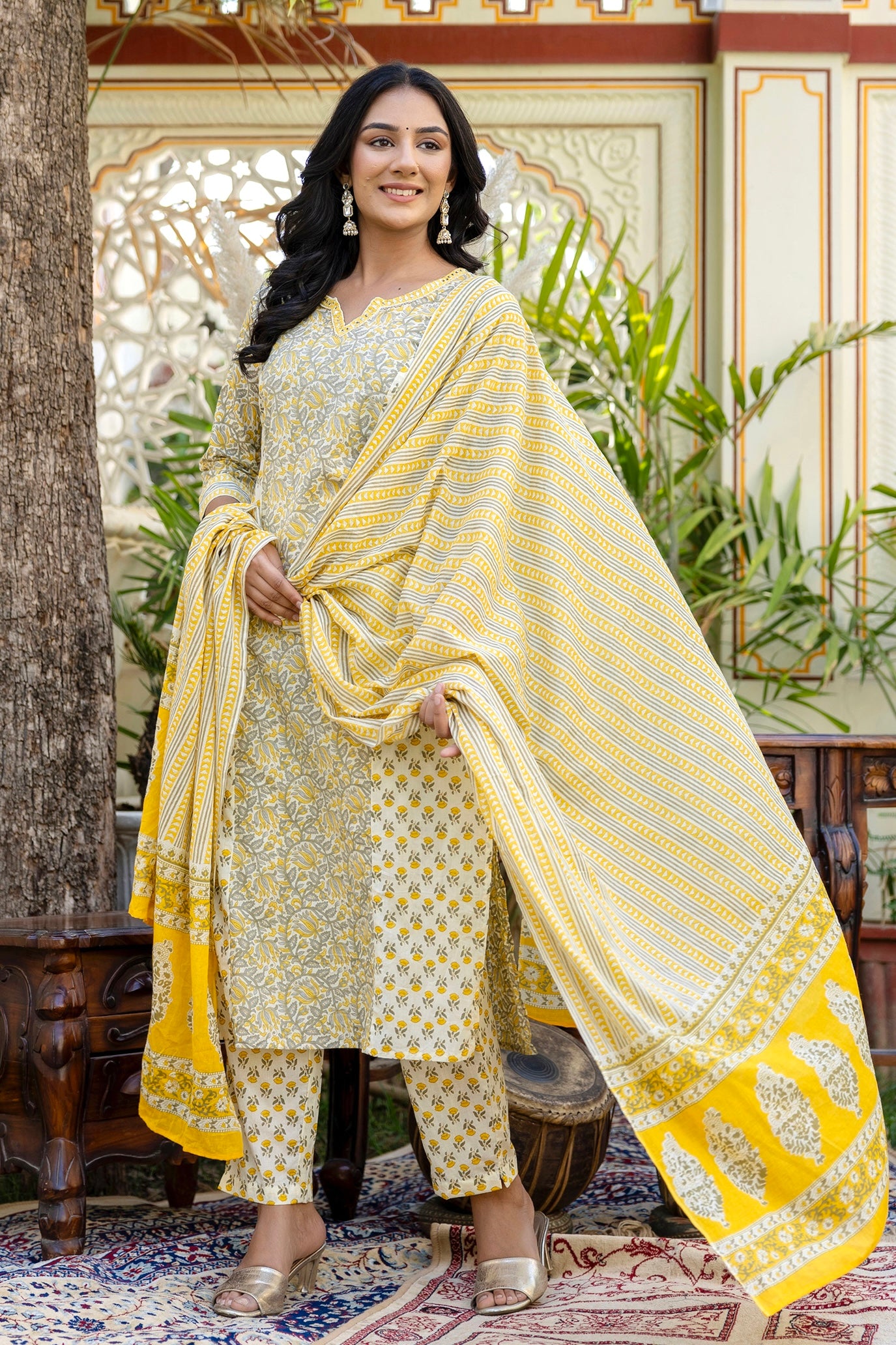 Mila - Yellow and Green Princess Cut Cotton Kurta Set with Dupatta