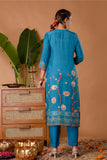 Teal V-neck Festive Embroidery Viscose Kurta Set with Trousers and Dupatta