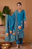 Teal V-neck Festive Embroidery Viscose Kurta Set with Trousers and Dupatta