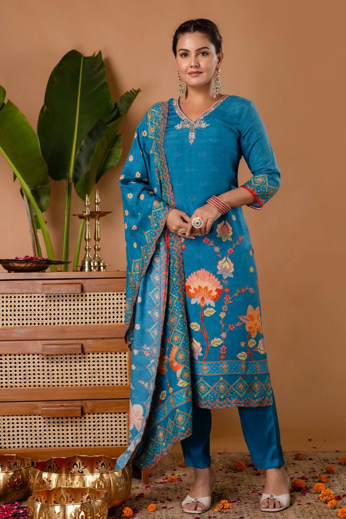 Teal V-neck Festive Embroidery Viscose Kurta Set with Trousers and Dupatta