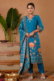 Teal V-neck Festive Embroidery Viscose Kurta Set with Trousers and Dupatta