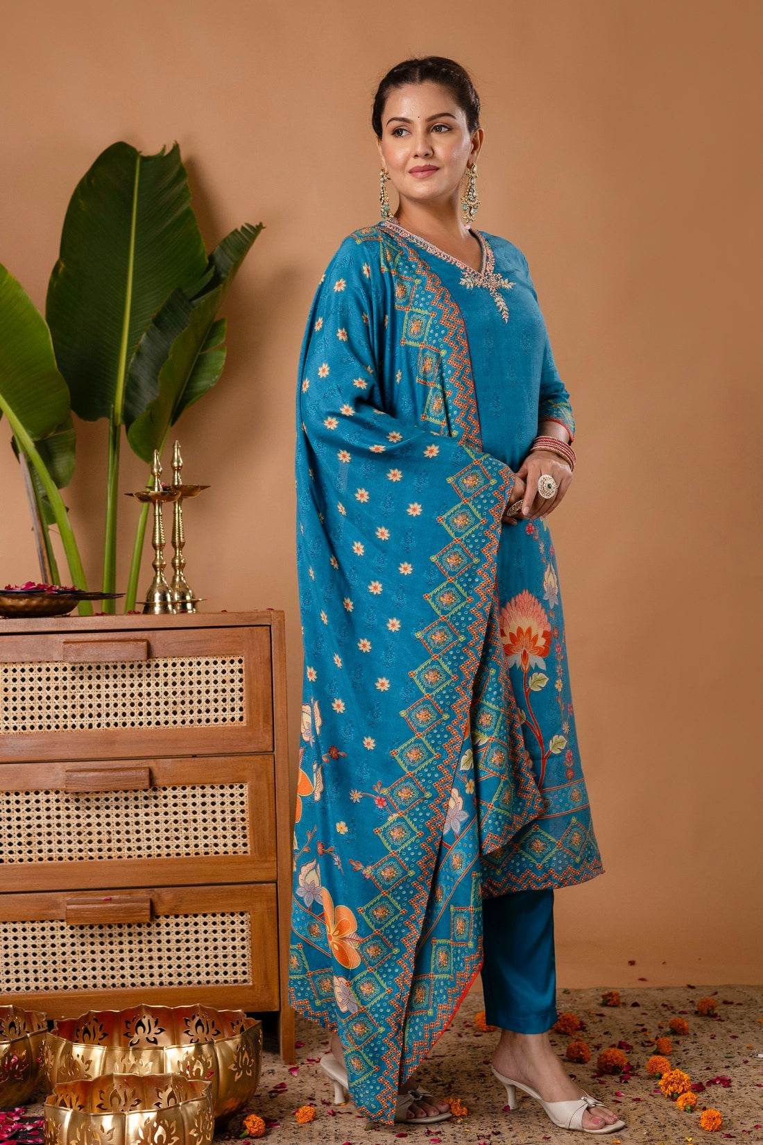 Teal V-neck Festive Embroidery Viscose Kurta Set with Trousers and Dupatta