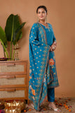 Teal V-neck Festive Embroidery Viscose Kurta Set with Trousers and Dupatta