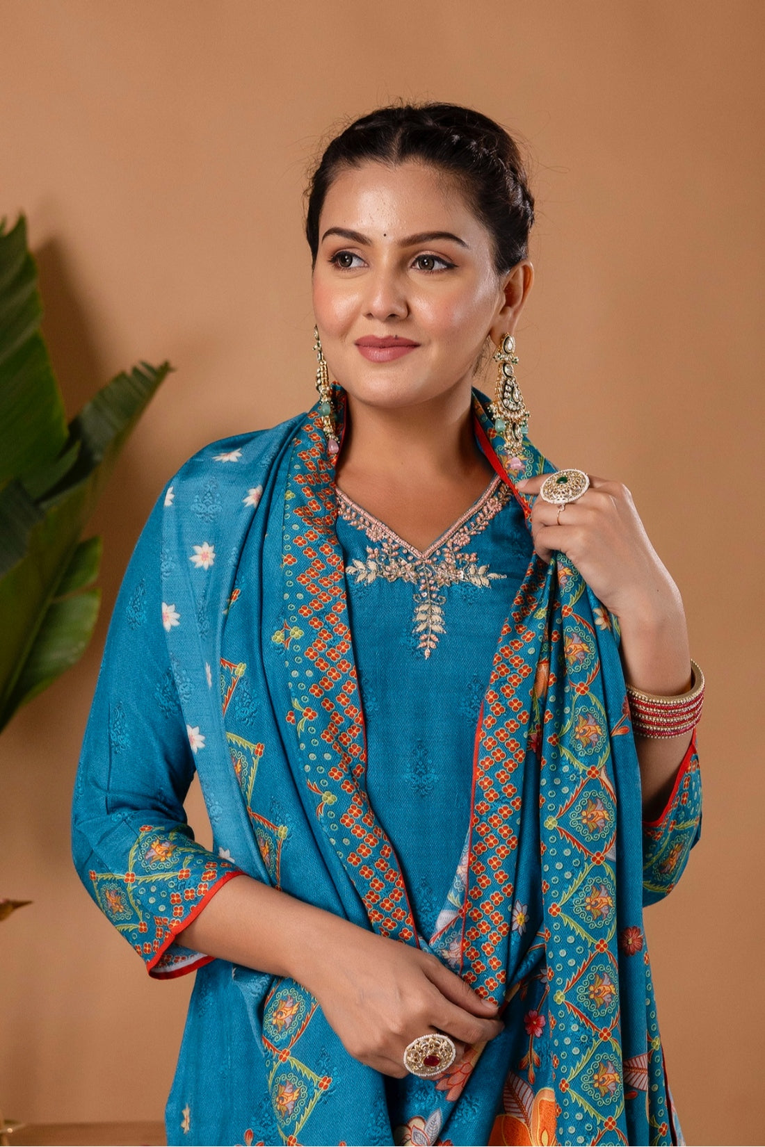 Teal V-neck Festive Embroidery Viscose Kurta Set with Trousers and Dupatta