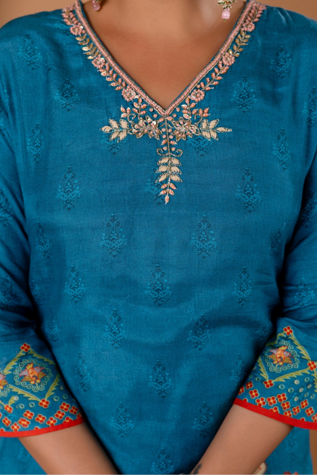Teal V-neck Festive Embroidery Viscose Kurta Set with Trousers and Dupatta