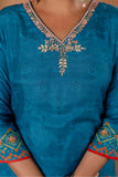 Teal V-neck Festive Embroidery Viscose Kurta Set with Trousers and Dupatta