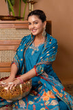 Teal V-neck Festive Embroidery Viscose Kurta Set with Trousers and Dupatta
