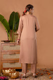 Beige V-neck Hand Embroidered Gaji Silk Kurta Set with Bandhej Dupatta and Trousers