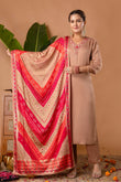 Beige V-neck Hand Embroidered Gaji Silk Kurta Set with Bandhej Dupatta and Trousers