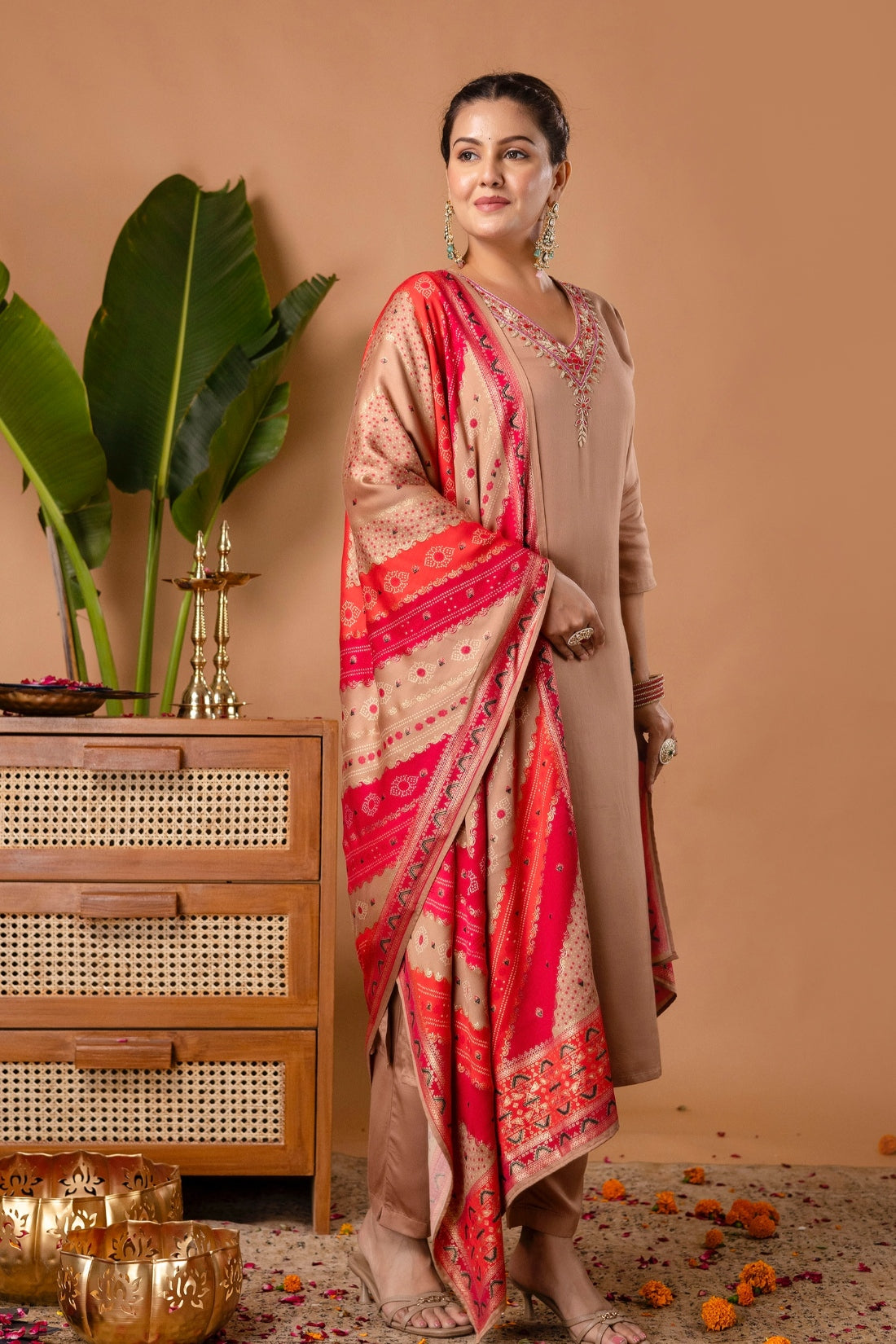 Beige V-neck Hand Embroidered Gaji Silk Kurta Set with Bandhej Dupatta and Trousers
