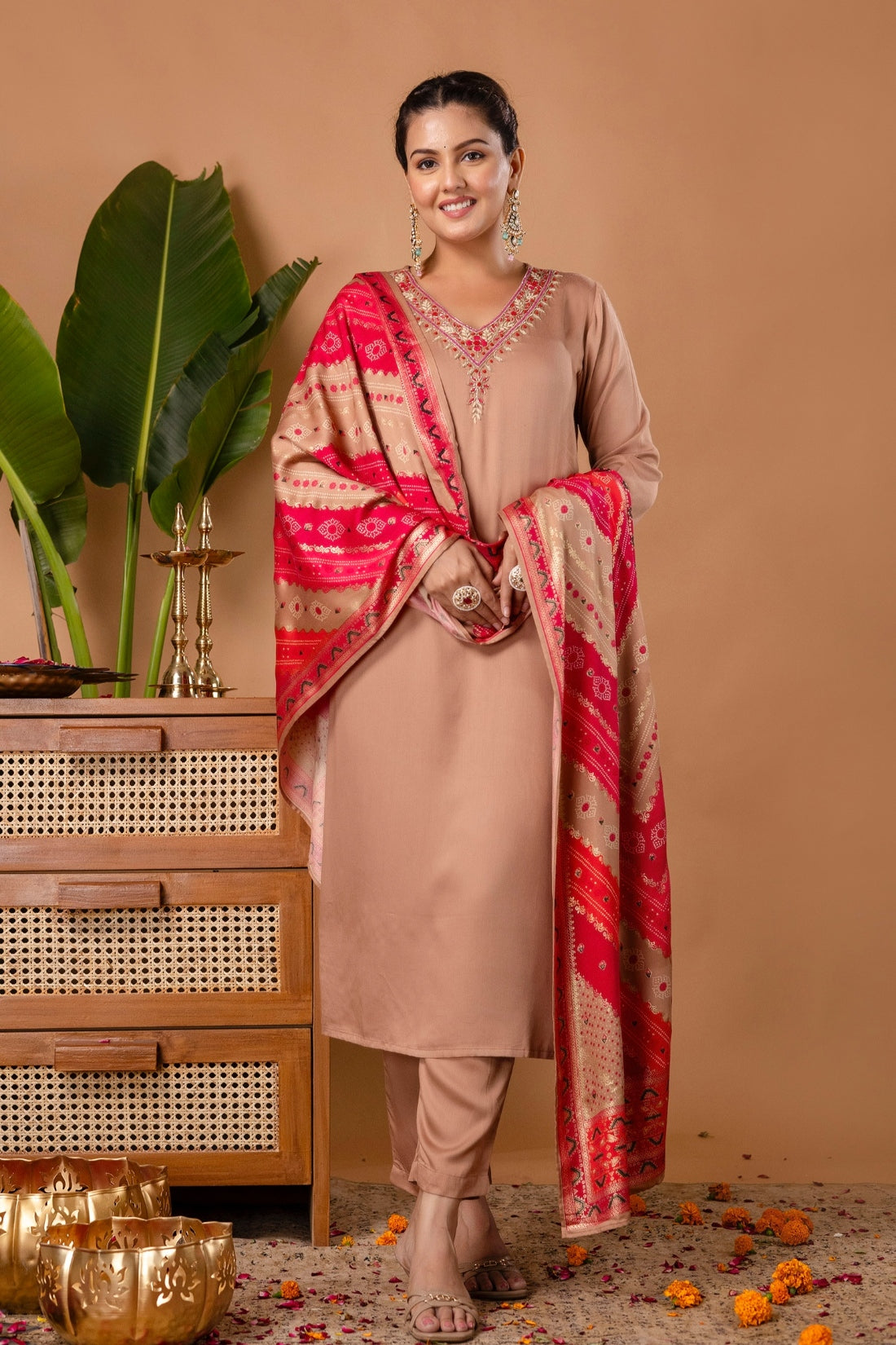 Beige V-neck Hand Embroidered Gaji Silk Kurta Set with Bandhej Dupatta and Trousers