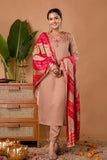 Beige V-neck Hand Embroidered Gaji Silk Kurta Set with Bandhej Dupatta and Trousers