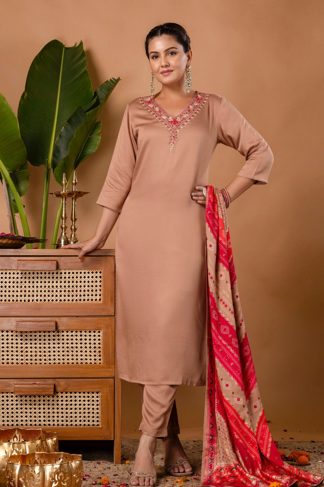 Beige V-neck Hand Embroidered Gaji Silk Kurta Set with Bandhej Dupatta and Trousers