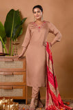 Beige V-neck Hand Embroidered Gaji Silk Kurta Set with Bandhej Dupatta and Trousers