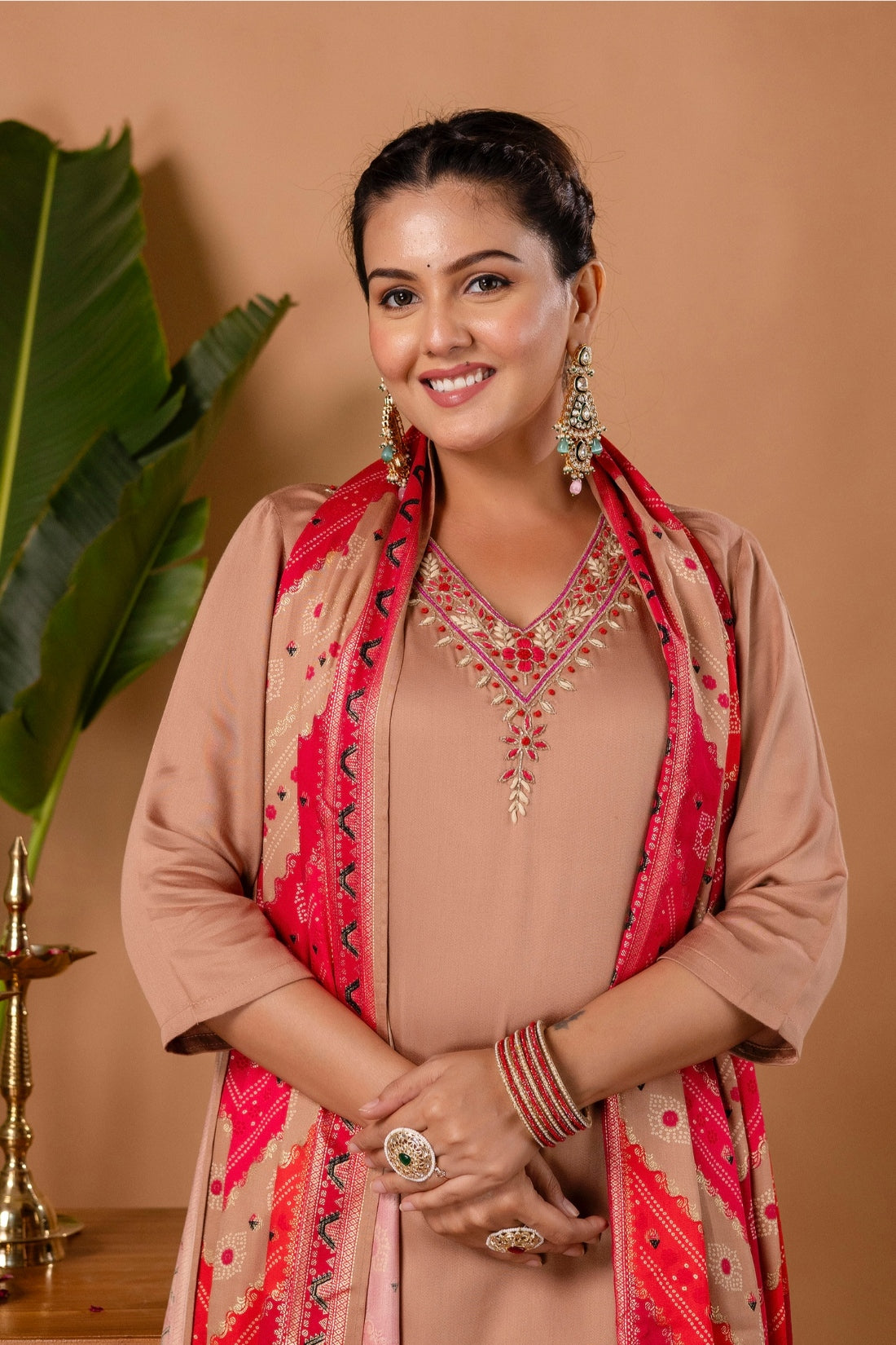 Beige V-neck Hand Embroidered Gaji Silk Kurta Set with Bandhej Dupatta and Trousers