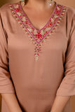 Beige V-neck Hand Embroidered Gaji Silk Kurta Set with Bandhej Dupatta and Trousers