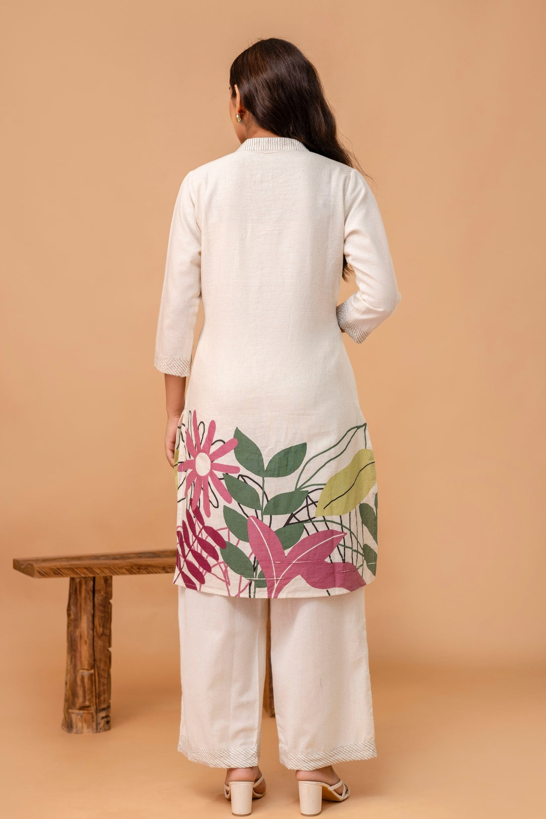 Off White Floral Print Kurti with Wide Leg Trousers Coord Set