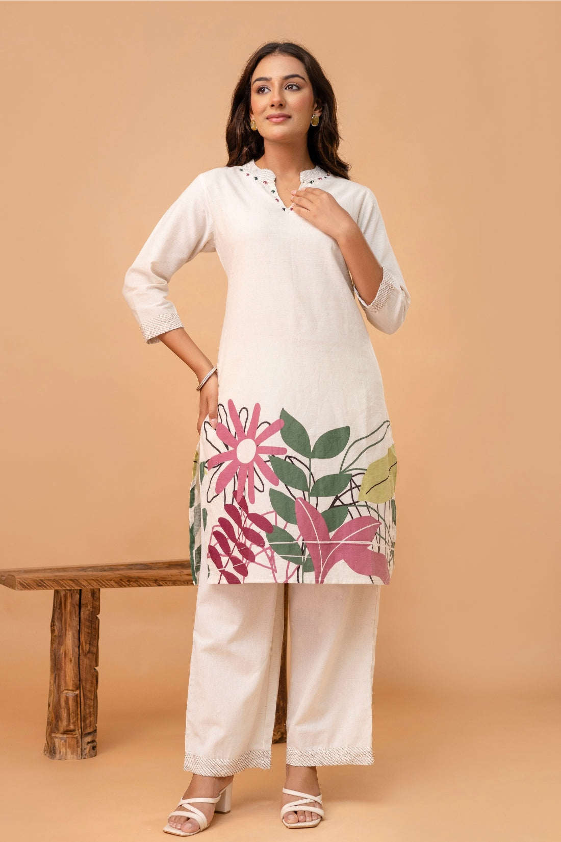 Off White Floral Print Kurti with Wide Leg Trousers Coord Set