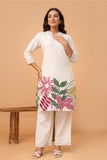 Off White Floral Print Kurti with Wide Leg Trousers Coord Set