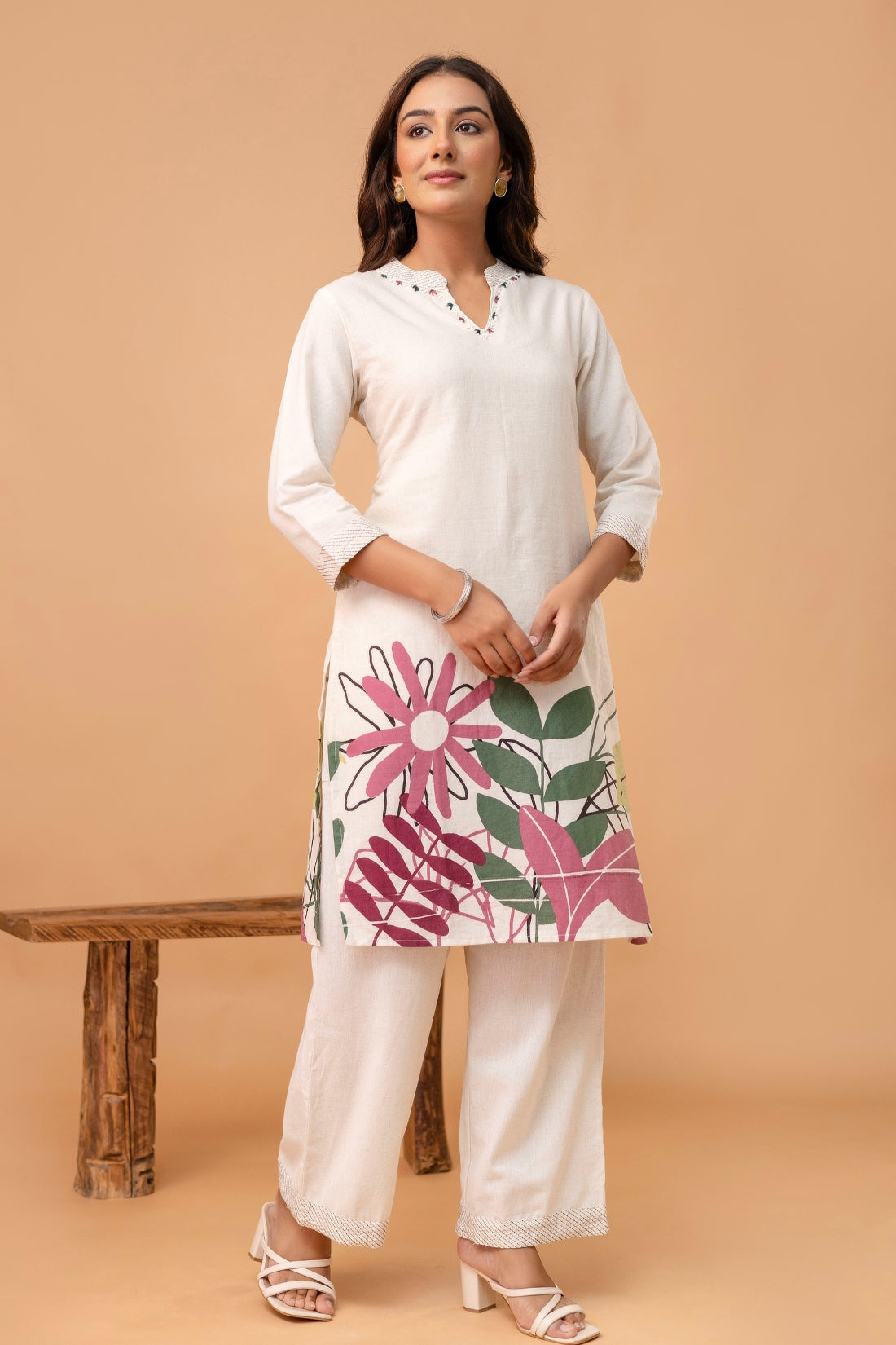 Off White Floral Print Kurti with Wide Leg Trousers Coord Set