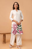 Off White Floral Print Kurti with Wide Leg Trousers Coord Set