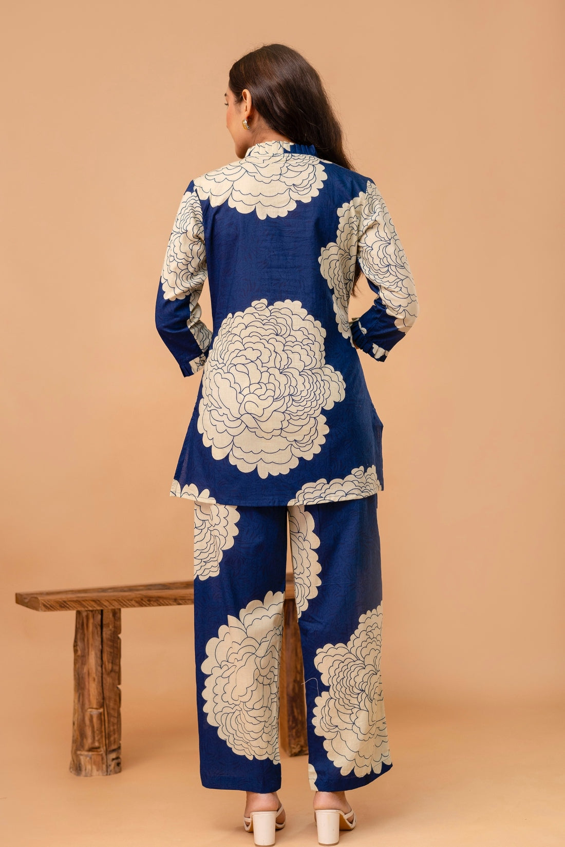 Navy Blue Floral Print Kurti with Wide Leg Trousers Coord Set
