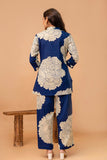 Navy Blue Floral Print Kurti with Wide Leg Trousers Coord Set