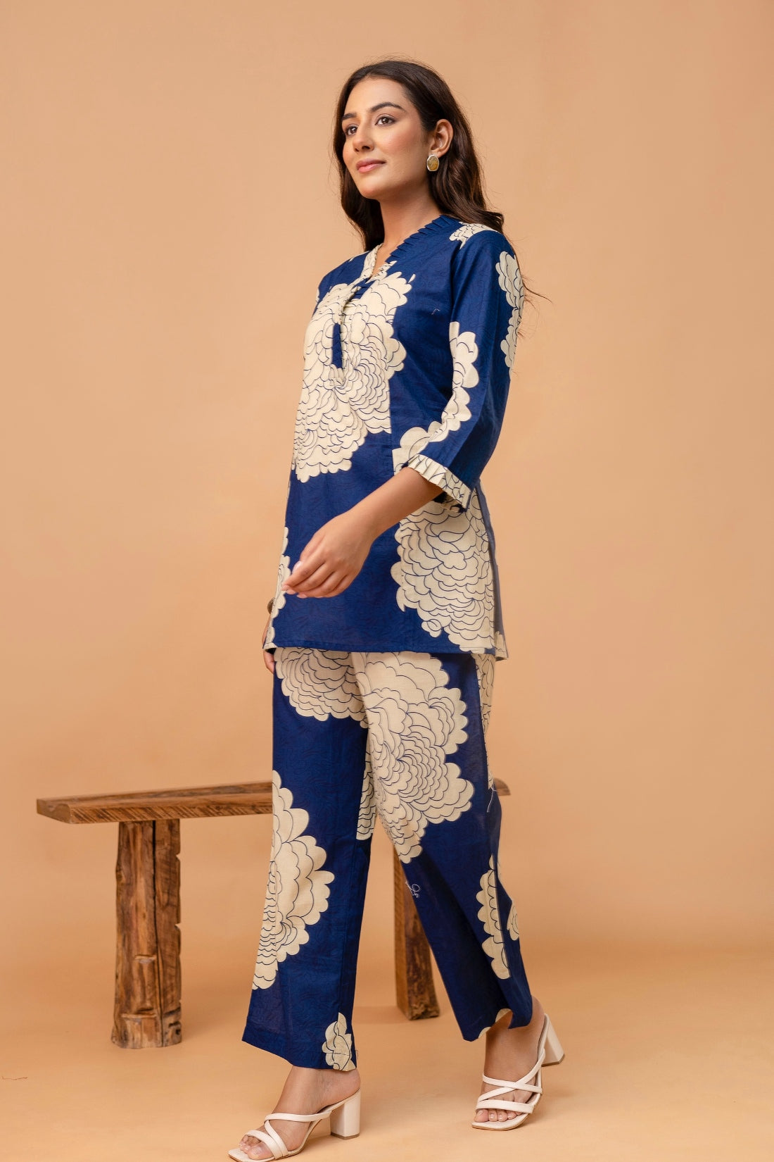 Navy Blue Floral Print Kurti with Wide Leg Trousers Coord Set