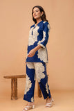 Navy Blue Floral Print Kurti with Wide Leg Trousers Coord Set