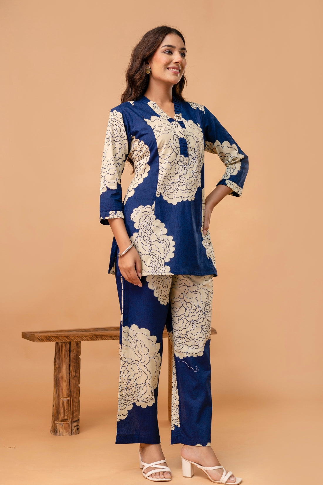 Navy Blue Floral Print Kurti with Wide Leg Trousers Coord Set
